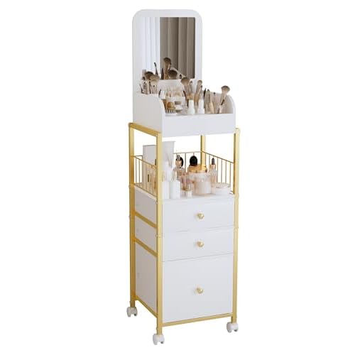 Makeup Cart Organizer with Mirror, Large Floor Skincare Organizers Make Up Organizers-Vanity Storage Organizer Cosmetic Display Cases Holder for Skin Care Perfume Nail Polish Brush Hair Tool (Gold)