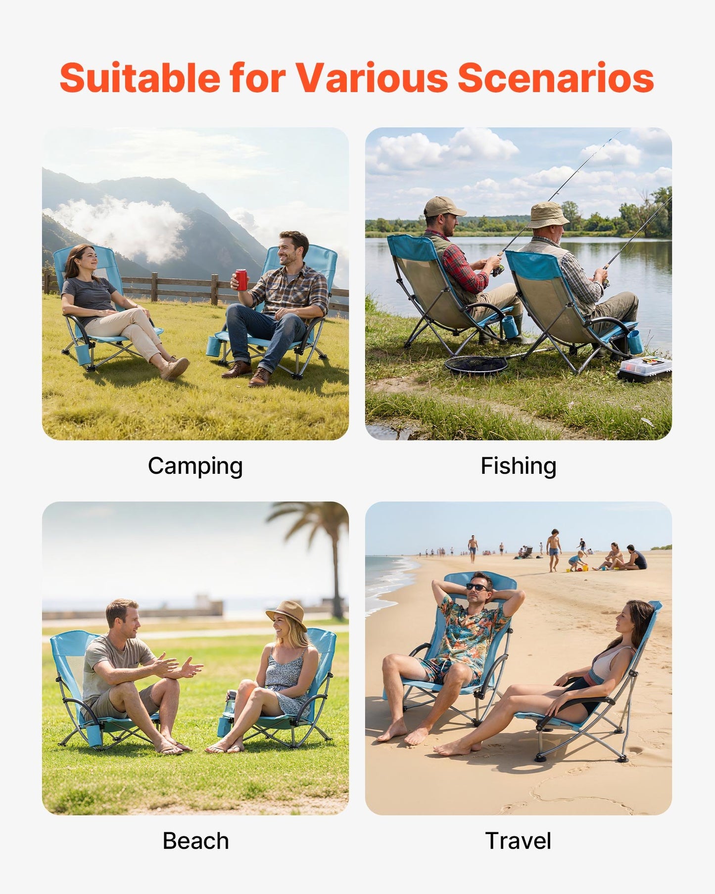 Heavy Duty Folding Camping Chair with High Back and Cup Holders - Portable Beach & Outdoor Seat, Black