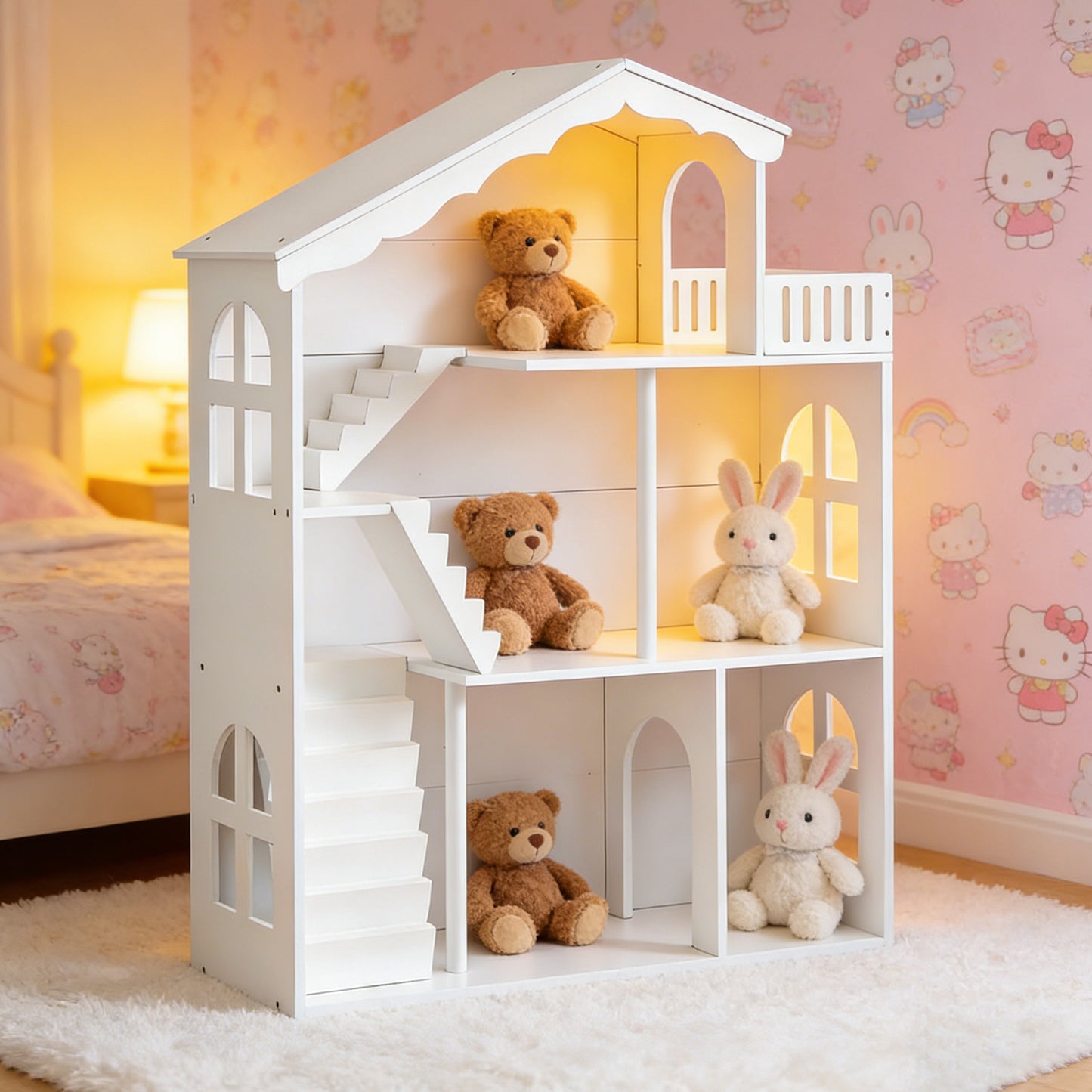Kids Dollhouse Bookshelf 3 Tier Open Design Wooden Toy House Bookcase