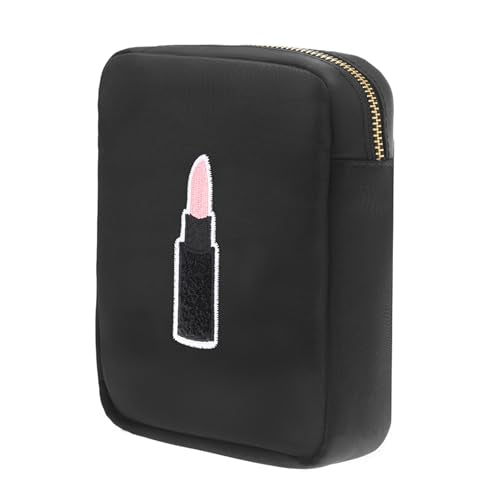 BLOC Bags Travel Makeup Bag, Cosmetic Bags for Women, Mini Makeup Bag, Cute Toiletry Bag, Beauty Bag with Chenille Patch, with Inside Zipper Pouch and Mesh Pockets (Lipstick, Black)