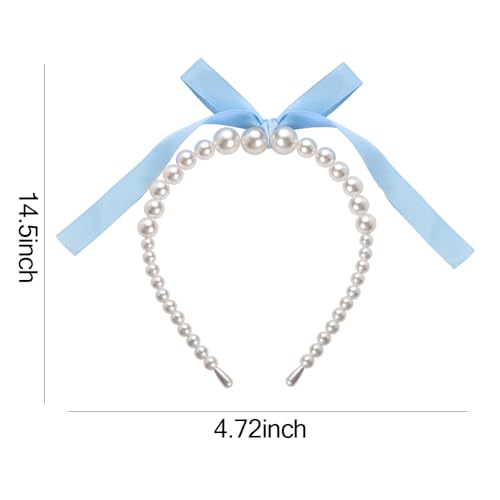 Blue Bow Pearl Headbands for Women Pearls Hair Hoop Bands for Thick Thin Hair Bow Headband Hairband for Teen Girl Elegant Hair Accessories Decoration for Women Non Slip Pearl Head Band with Bow Ribbon