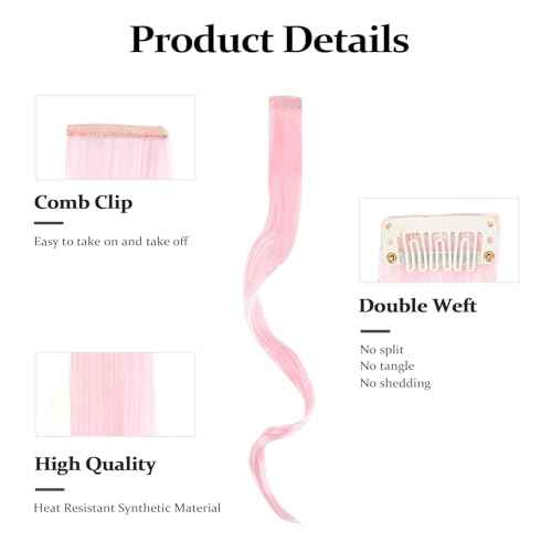 6 Pcs Colored Clip in Hair Extensions, 20 Inch Light Pink Hair Extensions Clip ins for Kids and Girls, Synthetic Straight Colored Hair Clip ins, Party Highlight Clip in Hairpieces for Women