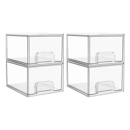 Vtopmart 4 Pack Small Clear Stackable Storage Drawers,Acrylic Bathroom Makeup Organizer,Plastic Storage Bins For Vanity, Undersink, Kitchen Cabinets, Pantry, Home Organization