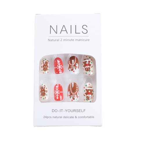 24Pcs Christmas Press on Nails Medium Almond Fake Nails with Snowman Snowflake Design Stick on Nails Bling Glitter False Nail Artificial Acrylic Glue On Nail for Women Nail Art Decoration