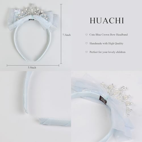 Huachi Girls Princess Tiara Crown Headbands Cute Tulle Bow Tiaras Birthday Headband for Girl Tiaras Crowns Head Band Party Fairy Costume Hair Accessories (Blue)
