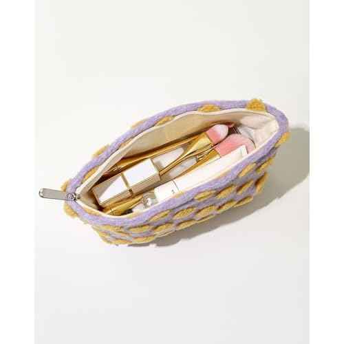 LETGO Fuzzy Makeup Bag Quilted Cosmetic Bag Puffy Coquette Makeup pouch Aesthetic Cotton Fleece Purple Travel Toiletry Bag Organizer Makeup Brushes Storage Bag for Women (Purple-Small)