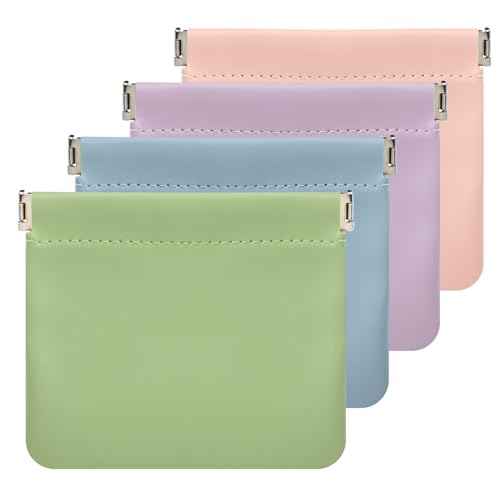 ISKYBOB Pouchic - Personalized Snap Closure Leather Organizer Pouch, 4Pcs Lambskin Pocket Cosmetic Bag Portable Self-Closing Small Makeup Bag for Purse Women Mini Travel Coin Storage Pouches (Macaron)