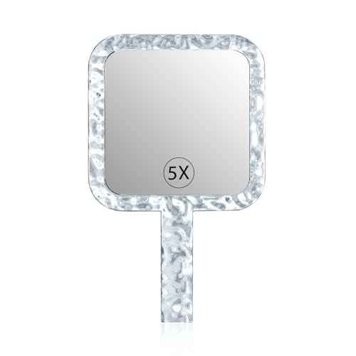 YEAKE Hand Mirror,Double-Sided Handheld 1X/5X Magnifying Mirror with Handle for Makeup, Shaving Mirror with Hole Hanging,Acrylic, 6.1" W x 10" L, Square Shape, Transparent 1 PC
