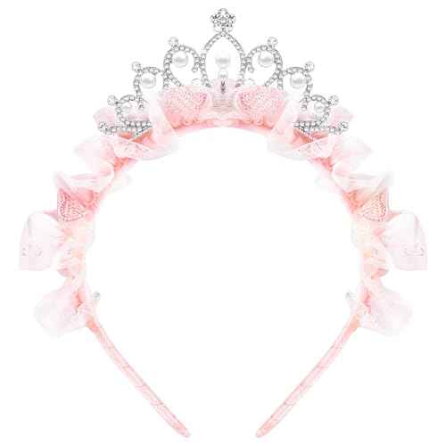 Princess Crown Headbands Birthday Gifts for Women Tiara Cute Pink Rhinestone Pearl Crown Hair Band Accessories Elastic Head Bands Headpiece Decoration for Christmas Party Favor Costume Cosplay