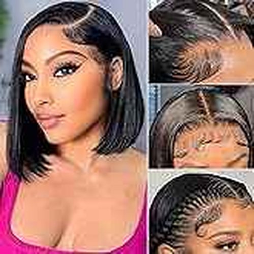 DYTJHMGL Short Bob Human Hair Wig - 250% Density Pre-Plucked Bone Straight HD Lace Front with Bleached Knots, 12 Inch
