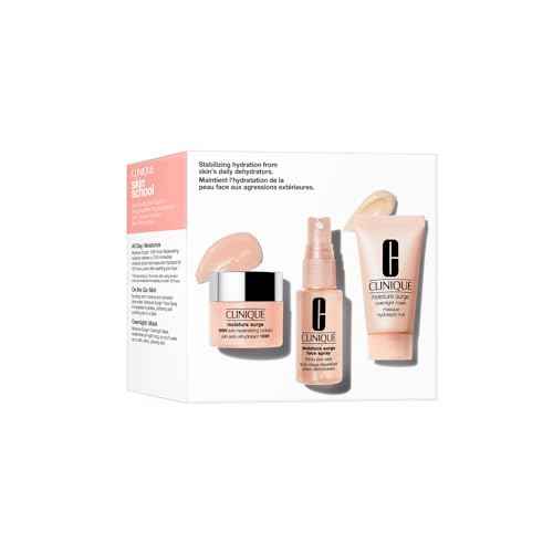 Clinique Skin School Supplies Set: Glowing Skin Essentials | Moisture Surge 1H Auto-Replenishing Hydrator, 0.5 Fl Oz | Face Spray Thirsty Skin Relief, 1 Fl Oz | Overnight Mask, 1 Fl Oz