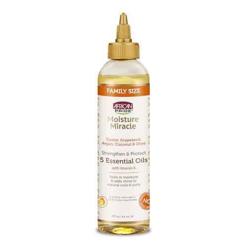 African Pride Moisture Miracle 5 Essential Hair Oils with Vitamin E | Moisture, Shine, Protection, and Growth | Argan, Castor, Grapeseed, Coconut, and Olive Oil | 8 oz