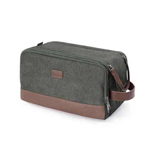 WANDF Toiletry Bag for Men Travel Toiletry Organizer Canvas and Leather Dopp Kit Water-Resistant Shaving Bag for Travel Accessories (Green, Large)