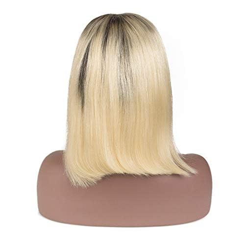 SUNFA Ombre Blonde Human Hair Bob Wigs 180% Density #1B/613 13x4 HD Transparent Glueless Wig Lace Front Bob Wigs Blunt Cut Pre-plucked Hairline Bleached Knots Wig 10Inch