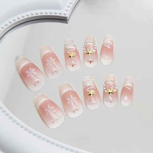 Christmas Press on Nails Medium Coffin Square Fake Nails with Gold Metal Star Pearl Rhinestones Designs Xmas Tree Snowflake False Nails White Glitter French Tips Acrylic Stick on Nails for Women 24Pcs