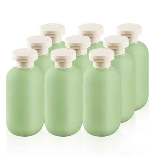 9 Pcs 6.8 oz Plastic Squeeze Bottles with Flip Cap,Empty Refillable Travel Shampoo Bottle Containers for Creams, Lotion,Body Wash, Conditioner,Silicone Funnel Included-Green