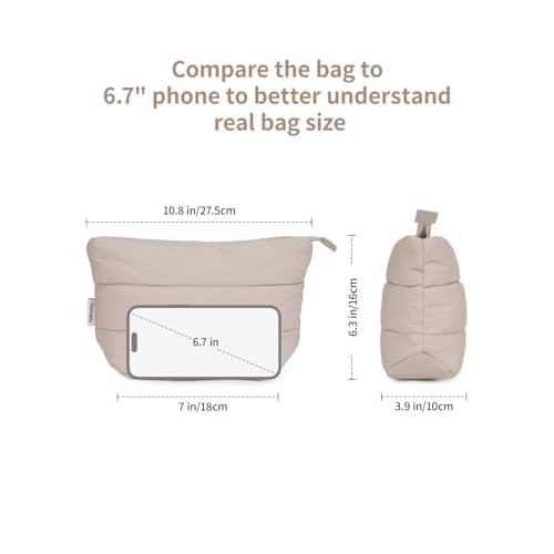 Narwey Small Makeup Bag for Travel Women Girl, Puffer Cosmetic Bag Makeup Pouch for Purse with Zipper, Cute Puffy Make Up Organizer Bags, Travel Toiletry Bag Toiletries (Khaki)