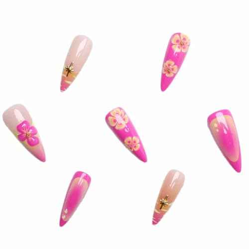 Long Press on Nails Almond Fake Nails White French Tip False Nails with 3D Flower Design Glue on Nails Acrylic Nails Glossy Full Cover Stick on Nails for Women 24Pcs