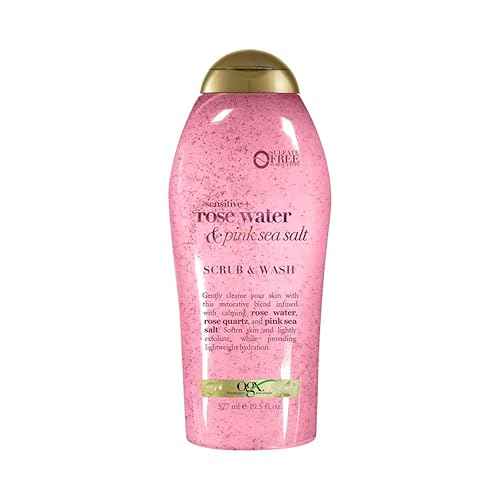 OGX Sensitive + Rose Water & Pink Sea Salt Exfoliating Body Scrub + Rose Quartz, Gentle Exfoliating Daily Body Wash Softens Skin, Body Scrub for Women, Sulfate-Free Surfactants, 19.5 fl oz