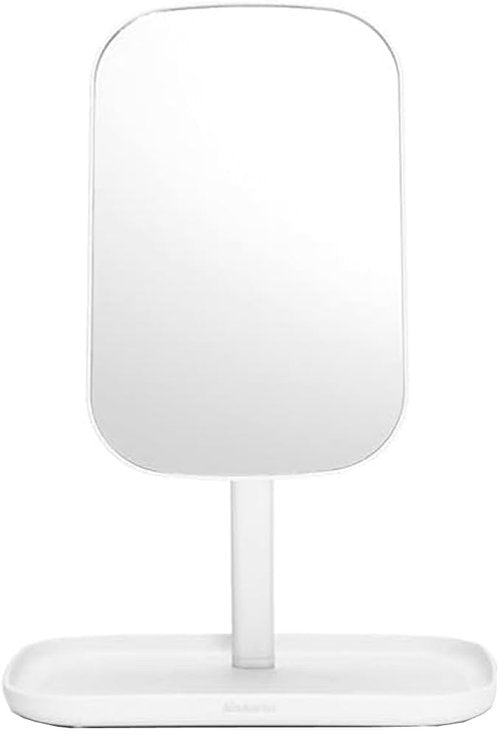 Brabantia Renew 360° Adjustable Vanity Bathroom Mirror with Stand & Storage Tray (White) Non-Slip Tray for Makeup, Jewellery, Shaving Accessories (8x8x11)