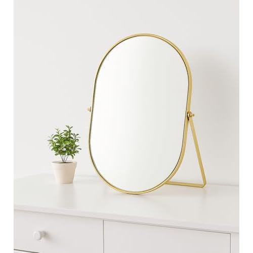 Feyarl Champagne Gold Oval Vanity Mirror 12x8 Inch Vertical Tabletop Makeup Mirror Decorative Standing Cosmetic Mirror for Bedroom Bathroom Desk Dresser