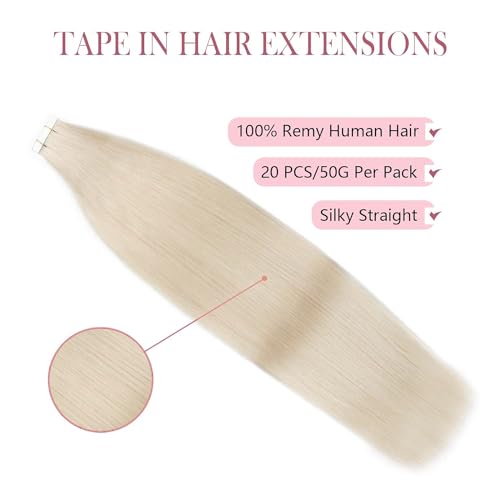 Sixstarhair Blonde Tape in Real Human Hair Extensions Remy Human Hair Soft Glue Silky Straight Tape in Hair Extensions Human Hair 50g Seamless Skin Weft Tape In Extensions [Color 1000 22inch]