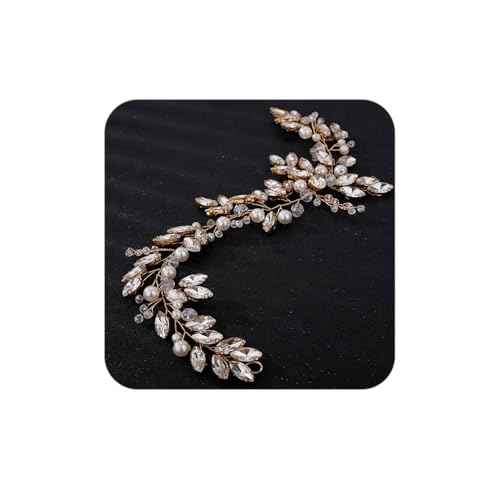 Teyglen Wedding Bride Rhinestones Pearls Crystal Headband Hair Vine Handmade Bridal Headband Wedding Hair Accessories for Brides Hair Pieces Headpieces for Women(Gold)