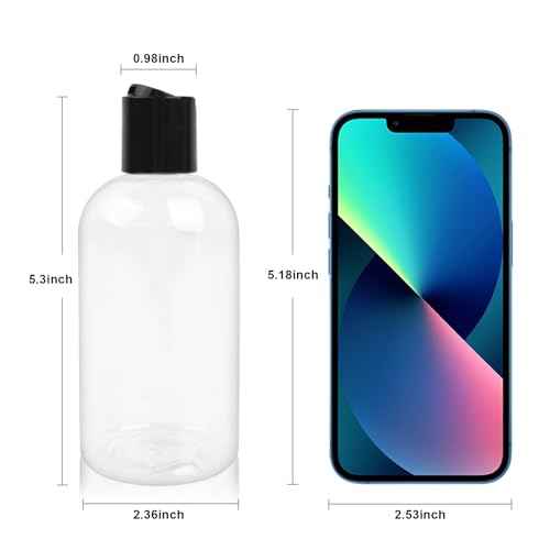 2 Pack 8 oz Empty Plastic Bottles with Black Disc Caps Reusable Clear Leak-Proof Travel Squeeze Containers for Shampoo Conditioner Toiletries Liquid Soap