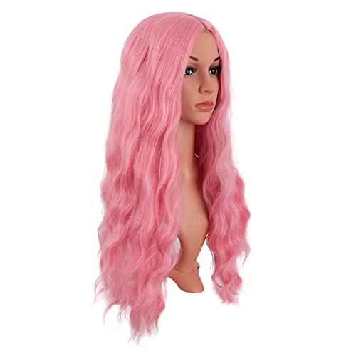 MapofBeauty 28 Inch/70 cm Long Wavy Middle Part with No Bangs Synthetic Fiber Curly Fashion Women Party Cosplay Wig (Light Pink)