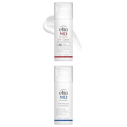 Bundle: EltaMD UV Clear SPF 46 Face Sunscreen 1.7oz, Oil-Free, Acne-Prone Skin + EltaMD PM Restore Moisturizer 1.7oz, Night Cream, All Skin Types