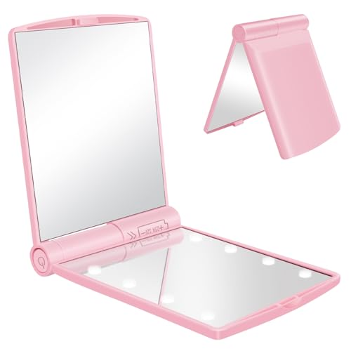 YUNYILAN Compact Makeup Mirror, LED Lighted Makeup Mirror, Handheld & Portable for Travel & On The go (Pink-B)
