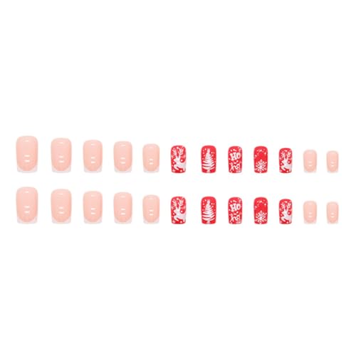 24Pcs Christmas Press-on Nails Medium Square Coffin Shaped White French Tip Nails Tips Full Cover Glue on Nails Xmas Tree Deer Snowflake Design Christmas False Nails