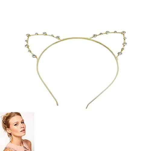 Jilukibo Rhinestone Cat Ears Headband Crystal Kitty Hair Band for Women, Lovely Alloy Cat Ears Hair Hoop for Halloween Cosplay Costume Party (Gold)