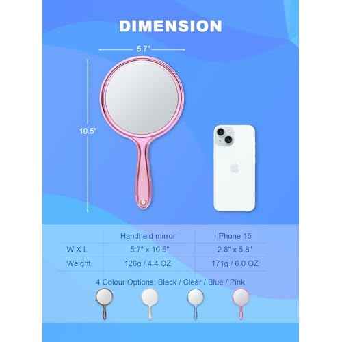 Handheld Mirror with Handle, 10.5 x 5.7 inches, Double-Sided 1X/5X Magnification Travel Makeup Mirror for Women, Pink