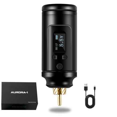Dragoart Aurora-1 1500mAh Tattoo Battery for Wireless Tattoo Gun 4V-12V, OLED Screen Timer Display Screen Mirroring, Lightweight Tattoo Power Supply for Wireless Tattoo Gun Tattoo Machine, RCA Black