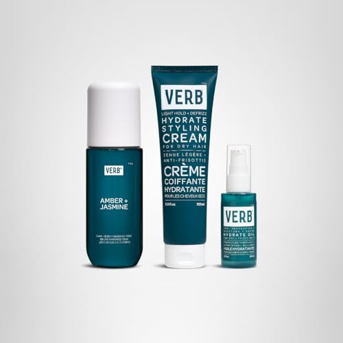VERB Hydrate Oil, 2 oz Hydrate Styling Cream, 5.3 oz + - Amber + Warm Jasmine Scent Hair and Body Mist - Fragrance Amber & Jasmine, 5 oz