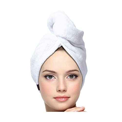 KEEPOZ 100% Cotton Hair Towel Wrap Quick Dry Super Absorbent Turban Head Wrap for Women with Button, Anti Frizz, Hair Cap for Curly, Long & Thick Hair (White, 1 Pc)