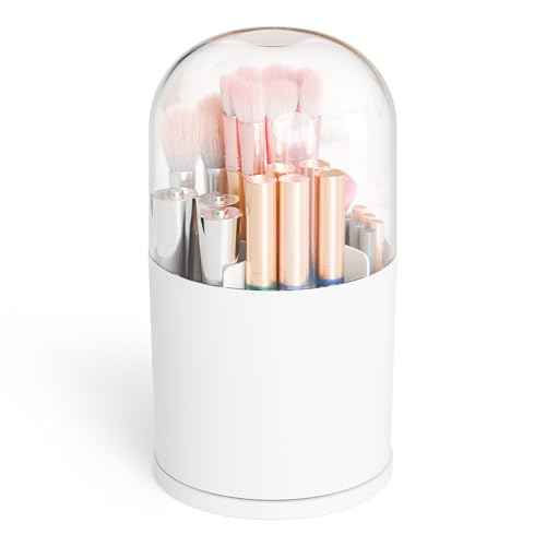 Yieach Rotating Acrylic Makeup Brush Holder with Lid for Vanity,Bathroom,Countertop,Covered Makeup Brushes Organizer,Round Spinning Cosmetic Brushes Holder and Make up Brush Storage with Cover,White