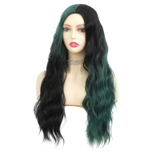 Green and Black Wigs for Women Long Curly Wavy Wigs Synthetic Natural Hair Wigs for Halloween Cosplay Us