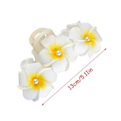 Hawaiian Plumeria and Hibiscus Flower Hair Clips for Women - Cute Large Pearl Non-Slip Claw Clips for Thick Hair, Beach Hair Accessories