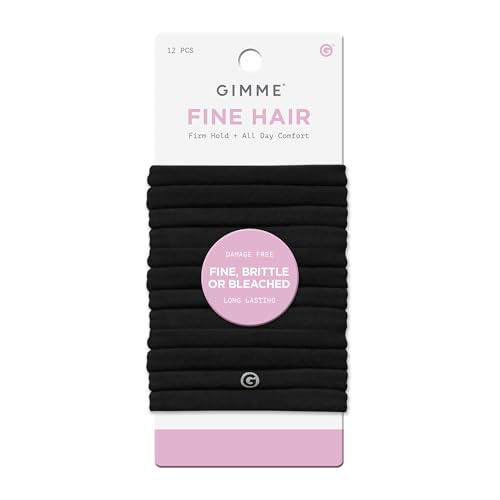 Gimme Beauty Fine Hair Elastic Bands - Slim-Fit Elastic Ties for Fine, Brittle, or Bleached Hair - No-Dent, Gentle-Grip Ponytail Holders for All-Day Comfort - 12 Pack, Black