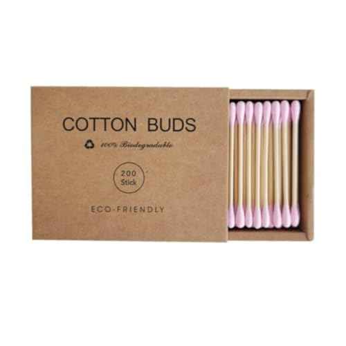 Pink Cotton Swabs 200pcs Natural Cotton Buds Biodegradable Organic Double Tips for Ear Wax Removal (200PCs,Pink)