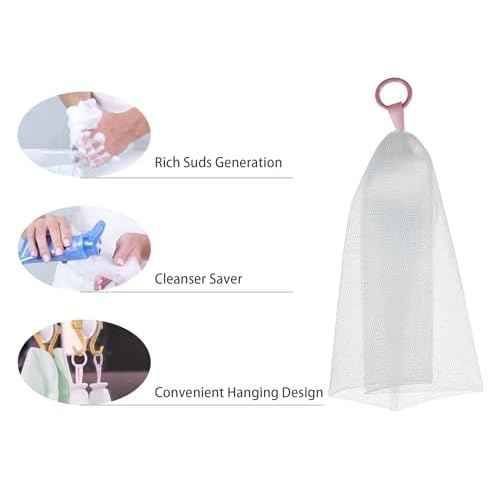 5 counts Reusable Foaming Net for Face Wash, Creates Rich Lather, Cleanser Saver Mesh, Gentle Face Cleansing Skincare Tool, Hangable, Durable Multi-Layer Mesh