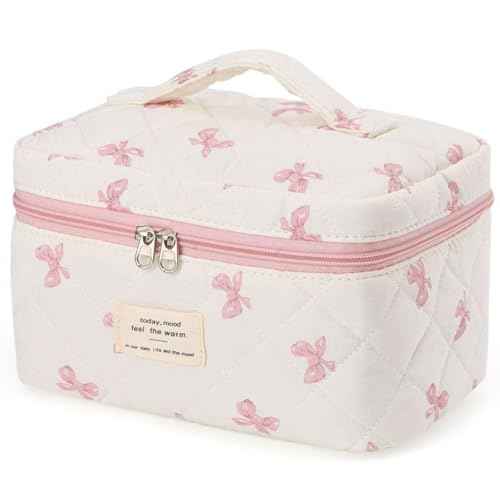 Large Travel Quilted Makeup Bag£¬Cute Bow Cotton cosmetic bag, Fashionable aesthetic makeup bag,Coquette Aesthetic Floral Travel Toiletry Bag for Women and Girls