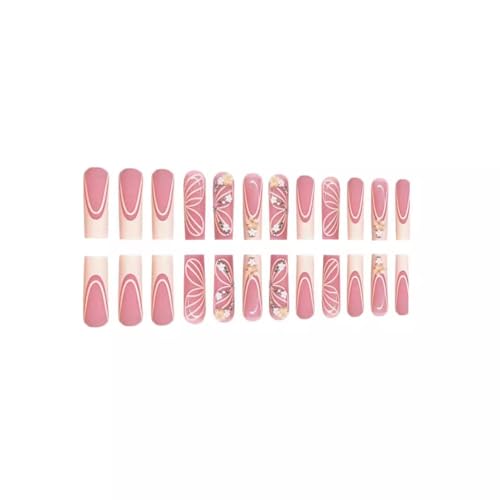 48pcs Long Coffin Press on Nails and Toes Matching Set French Tip Fake Fingers Toe Nail Tips Press ons Rhinestones Butterfly Flower Glue on Toe Nails Square Summer False Toe Nails for Women