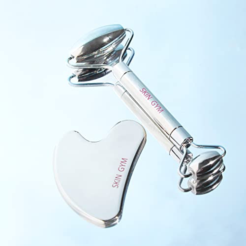 Skin Gym Silver Facial Roller and Gua Sha Tool Workout Skin Care Set for Wrinkles and Fine Lines - Anti Aging Face Lift Beauty Tool - Improve Skin Appearance and Achieve Radiant Glow