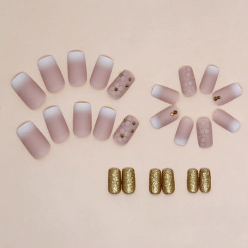 Medium Square False Nails Daisy Press on Nails Gradient Fake Nails Glitter Stick on Nails for Women and Girls 24PCS