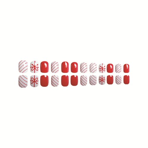 24 Pcs Christmas Press On Nails Short Square - ZIFANHU Cute Red Fake Nails Press Ons Nail Art Tips Full Cover Acrylic Glossy False Nails with Red Line Gift Box Design Glue on Nails for Women Girls