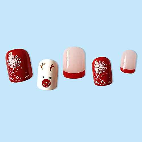 Christmas Press on Nails Short French Tip Fake Nails Square Red Acrylic Nails Snowflake Full Cover False Nails with Design Cute Elk Winter Xmas Glue on Nails Nail Art Decorations for Women Girls