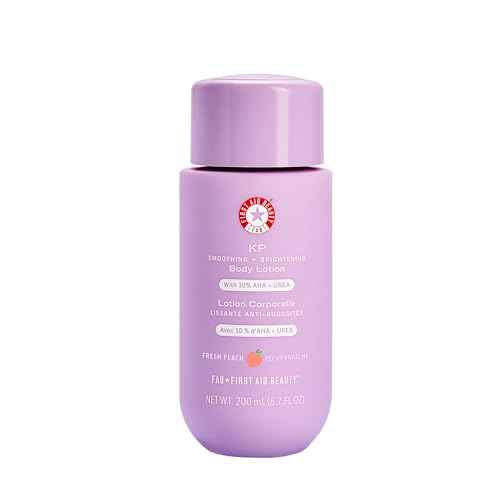 First Aid Beauty - KP Smoothing + Brightening Body Lotion with 10% AHA, Lactic Acid, Urea + Colloidal Oatmeal, Exfoliate & Moisturize, Banish Keratosis Pilaris Bumps, NEW Peach Scent (6. 7 fl oz)